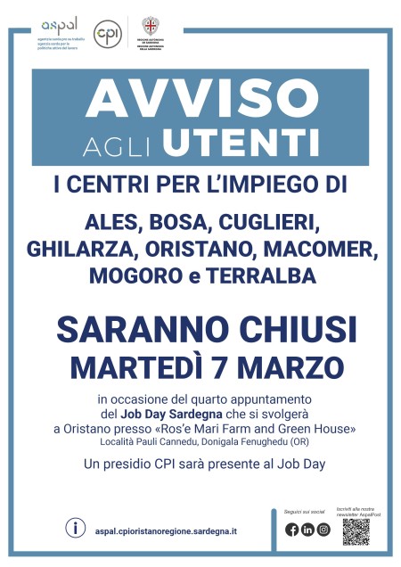 CHIUSURA CENTRO DELL'IMPIEGO DI ORISTANO IN DATA 7 MARZO 2023