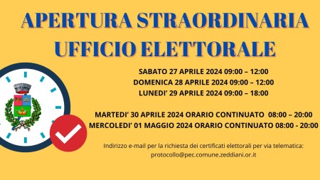ELEZIONI PARLAMENTO EUROPEO - APERTURA STRAORDINARIA UFFICIO ELETTORALE