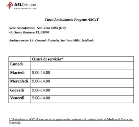 APERTURA ASCoT (Ambulatorio Straordinario di Comunità Territoriale) SAN VERO MILIS