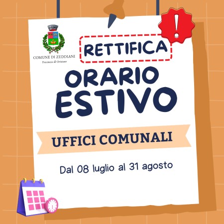 UFFICI COMUNALI - RETTIFICA ORARIO ESTIVO DI APERTURA AL PUBBLICO